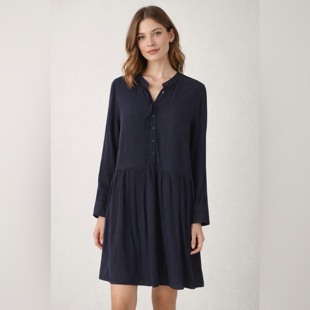 EUC Cyrillus Paris Navy Long-Sleeve Tiered Button-Front Dress